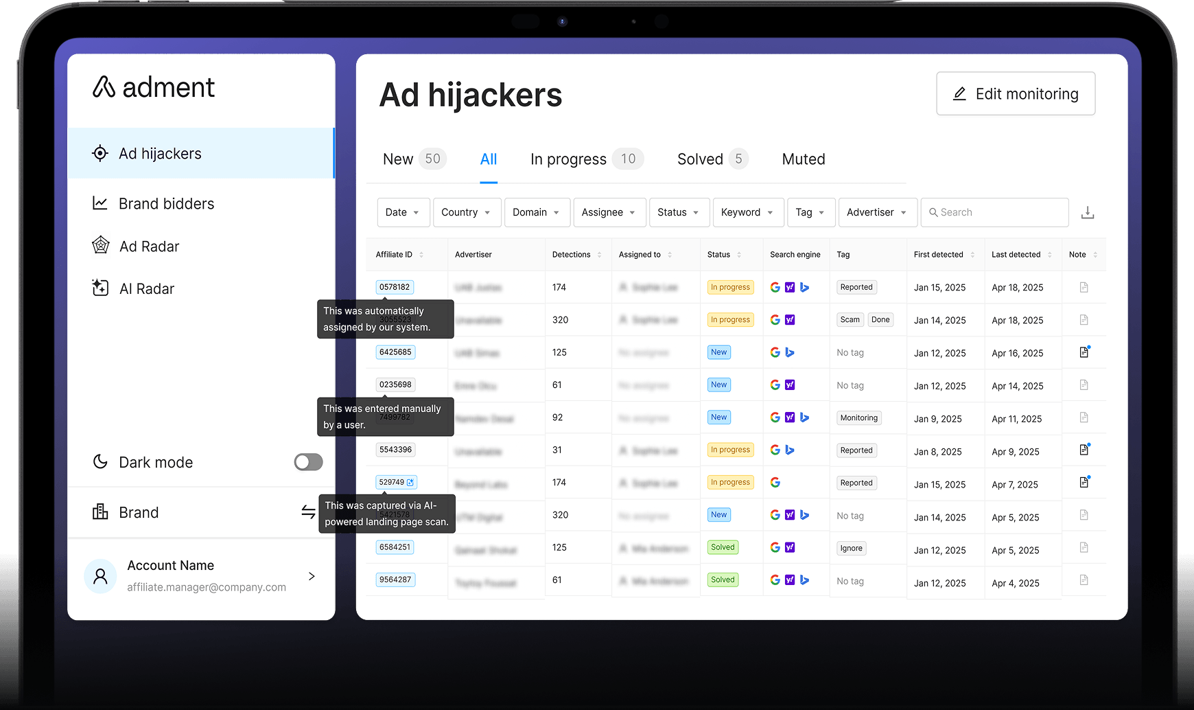 Ad Radar dashboard — competitor PPC intelligence