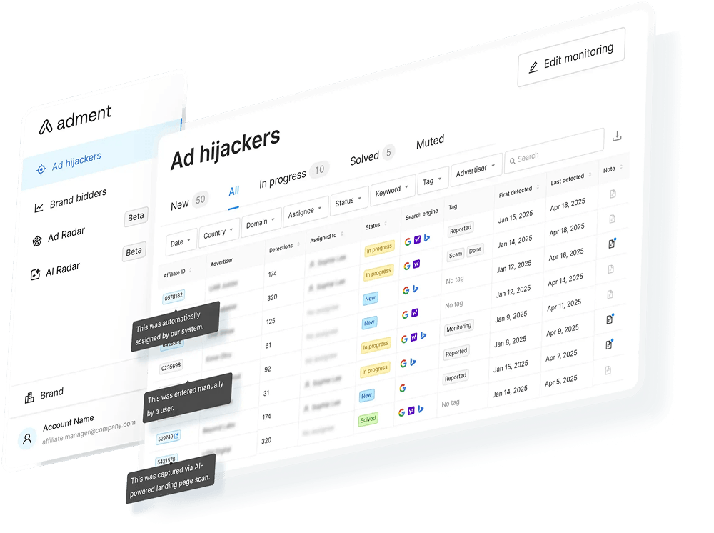 adment Ad hijackers dashboard listing detected hijackers with status and detection dates
