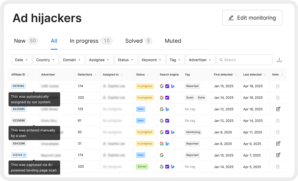 Ad hijackers dashboard listing detected affiliate violations and their evidence