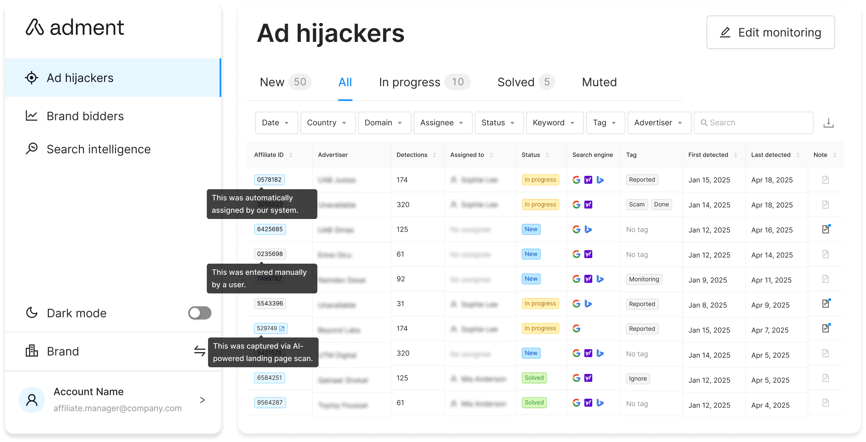 Adment dashboard showing brand monitoring